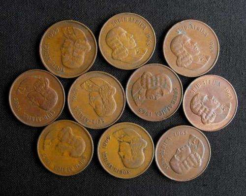 LOT OF 10 SA 2 CENT 1965 COINS