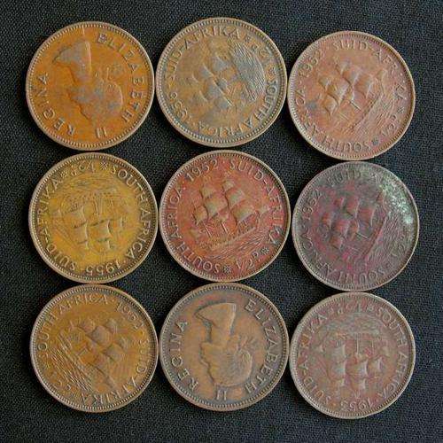 LOT OF 9 UNION OF SA 1/2 PENNY 1950's COINS