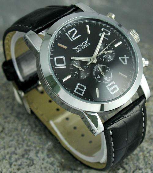 NEW JARAGAR LUXURY BLACK AUTO 6 HAND MULTI FUNCTION MENS WATCH