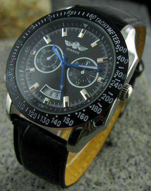 NEW WINNER BLACK TACHYMETER AUTOMATIC MENS WATCH