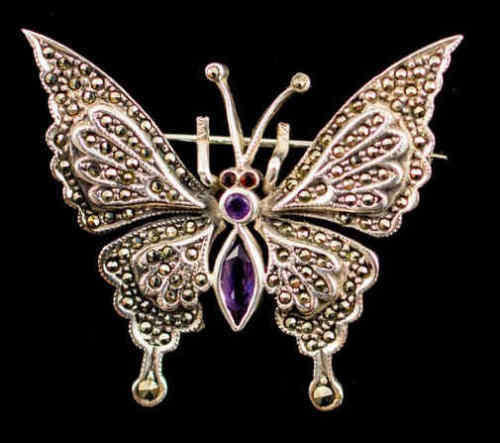 Silver Marcasite Brooch With Amethyst And Garnet