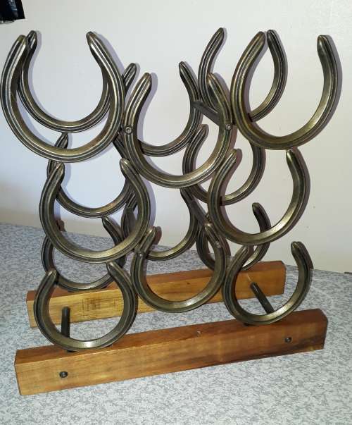 Horse Shoe Wine Rack on wooden Stand-Holds 8 Bottles.Lovely Mancave item