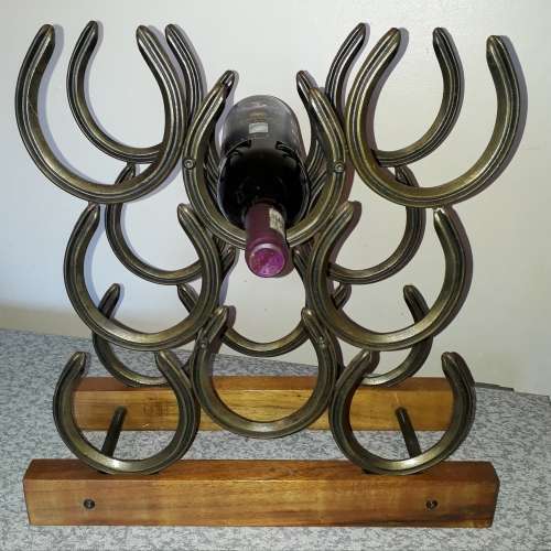Horse Shoe Wine Rack on wooden Stand-Holds 8 Bottles.Lovely Mancave item