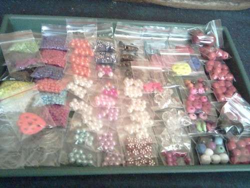 Acrylic bead mix,wood,seedbeads howlite crosses,acrylic hearts,stretch wire.70pkts for all  on photo