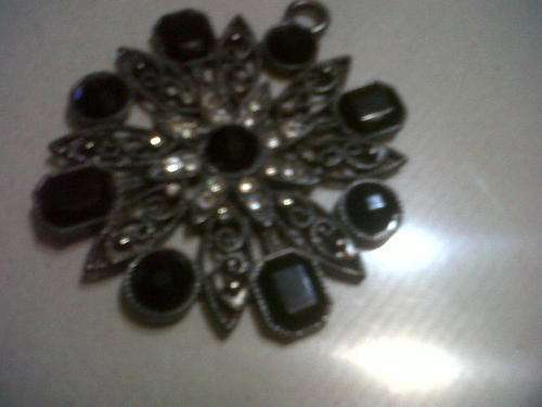 large black antique nickle pendant with black  and clear rhinestones