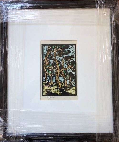 Gregoire Boonzaier Colour Linocut - Trees