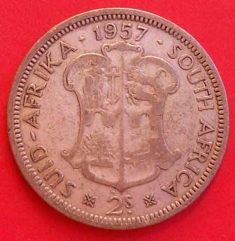 1957 Union of South Africa -  2 Shilling - 50% silver. Please judge coin by photo's..