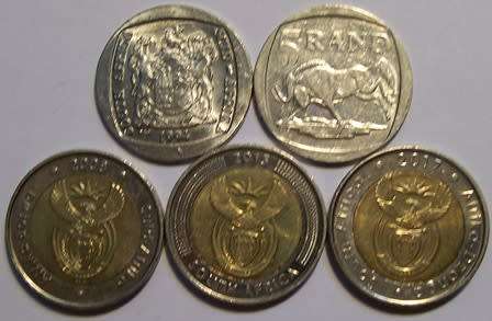 5X R5.00 (circulated) coins -Mint dates :  !994, 2000, 2008, 2015 and 2017-See photos.