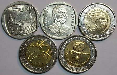 5 R5.00 coins - 1994,2000,2014, 2015 and 2017 -Please see photo's