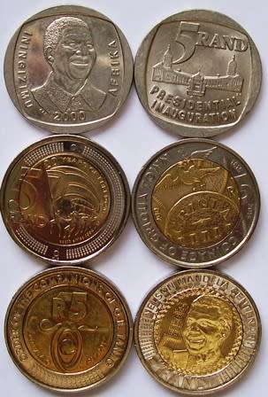 6 X R5.00 coins - 1994, 2000, 2014, 2015, 2017 and 2018. See description below.  - .