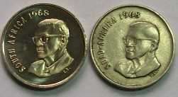 South African 1968  5c coins English and Afrikaans. Please see photos.