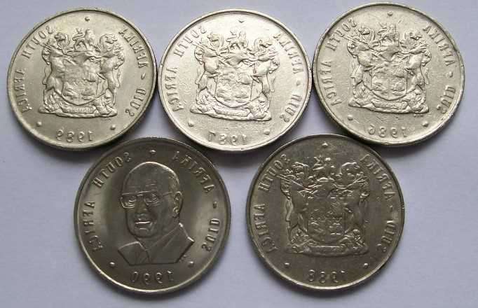 1986, 1987, 1988, 1989 and 1990 - Nickel R1.00  circulated nickel coins. See photos below.