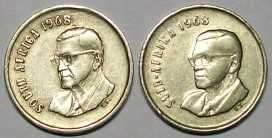 South African 1968  5c coins English and Afrikaans. Please see photos.