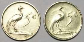 South African 1968  5c coins English and Afrikaans. Please see photos.