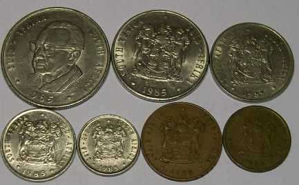 1985 R1.00, 50c, 20c,10c, 5c, 2c and 1c- circulated nickel and bronze coins. See photos below.