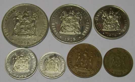1978 R1.00, 50c, 20c,10c, 5c, 2c and 1c- circulated nickel and bronze  coins. See photos below.