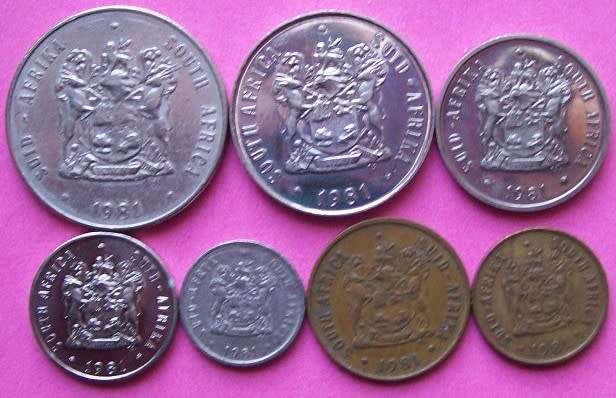 RSA: 1981 -R1.00, 50c, 20c,10c, 5c, 2c and 1c- circulated nickel and bronze  coins.See photos below.