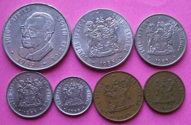 RSA: 1985 -R1.00, 50c, 20c,10c, 5c, 2c and 1c- circulated nickel and bronze  coins.See photos below.