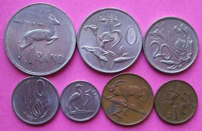 RSA: 1985 -R1.00, 50c, 20c,10c, 5c, 2c and 1c- circulated nickel and bronze  coins.See photos below.