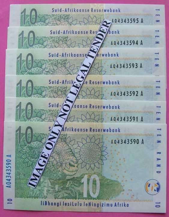 Gill Marcus - 6 X R10.00  notes - Serial No`s :AQ4343590A, to AQ4343595A. See photos.