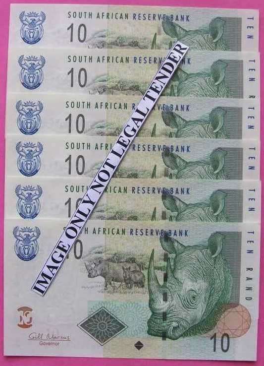 Gill Marcus - 6 X R10.00  notes - Serial No`s :AQ4343590A, to AQ4343595A. See photos.