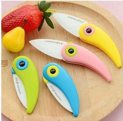 Cute Bird Pattern Folding Cutlery Ceramic Fruit Knife Outdoor Activities Camping Home Kitchen- GREEN