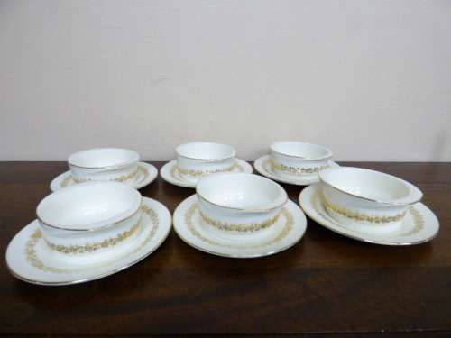 6 VERY ELEGANT VINTAGE "CONTINENTAL SA" PLATED SOUP BOWLS . BEAUTIFUL GOLD TRIMS!