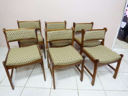 WOW! 6 STUNNING TEAK DINING CHAIRS NEWLY UPHOLSTERED. GORGEOUS WITH ANY TABLE!!