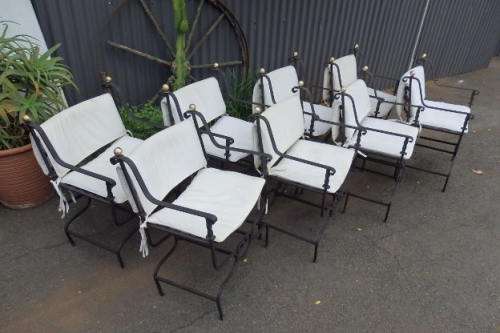 A SUPERB SET OF 8x WROUGHT-IRON CARVER STYLE DINING CHAIRS w/ BRASS FINIALS & CUSHIONS bid/chair