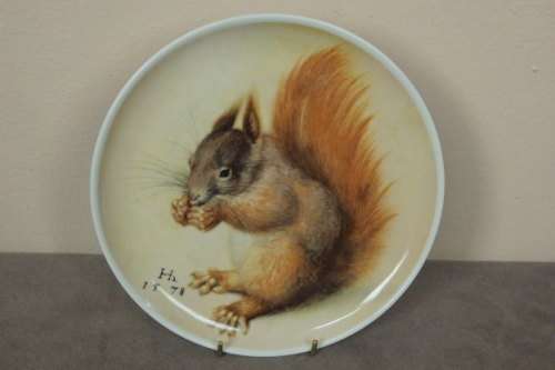 A BEAUTIFULLY MADE "ROYAL DECOR" PORCELAIN COLLECTIBLE PLATE WITH A "SQUIRREL" TRANSFER PRINT