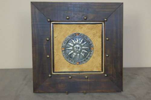 A STUNNING "SQUARE" WOODEN FRAMED PICTURE WITH A METAL "SUN" MOUNTED ON HANDMADE PAPER & BEADS