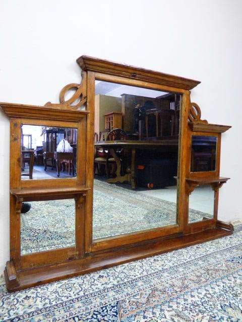 AN ABSOLUTELY WONDERFUL OREGON PINE ANTIQUE WALL MOUNT MANTLE MIRROR. WITH SMALL SHELVES