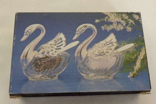 A GORGEOUS SILVER PLATED AND CRYSTAL "SWAN" SALT AND PEPPER SET IN ITS ORIGINAL BOX