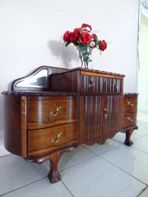 A GORGEOUS VINTAGE SOLID IMBUIA DRESSING TABLE WITH 5 DRAWERS AND 2 CUPBOARDS. STUNNING!!!