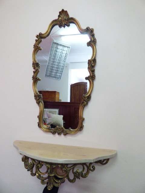 ABSOLUTELY MAGNIFICENT MOULDED PAINTED OLD GOLD SURROUND WALL HANGING MIRROR AND WALL MOUNTED SHELF!