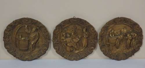 A FABULOUS SET OF 3x GERMAN MADE RESIN WALL PLATES WITH CARVED TRADITIONAL THEMED DESIGNS bid/plate
