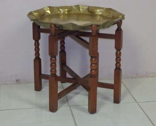 A STUNNING LARGE NORTH AFRICAN SOLID BRASS "3-LEGGED" TABLE w/ BEAUTIFULLY TURNED SOLID WOODEN LEGS