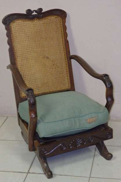 A STUNNING VINTAGE SOLID IMBUIA CARVED MECHANICAL RATTAN ROCKING CHAIR IN FANTASTIC CONDITION