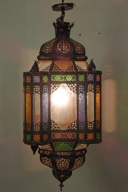 A SPECTACULAR (X-LARGE 900mm) MOROCCAN/NORTH AFRICAN HAND MADE PUNCHED CEILING LIGHT w/ GLASS PANELS