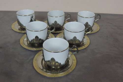 AN AMAZING SET OF SIX "MPA" PORCELAIN TEA CUPS IN ART NOUVEAU STYLE METAL HOLDERS WITH SAUCERS