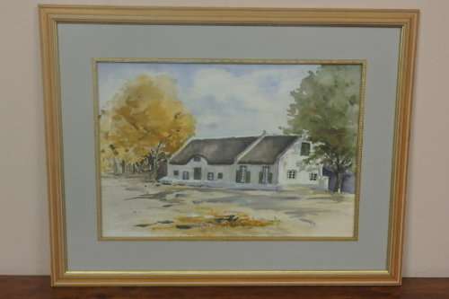 A SUPERB FRAMED (BEHIND GLASS) ORIGINAL SIGNED SOUTH AFRICAN CAPE DUTCH COTTAGE WATERCOLOUR PAINTING