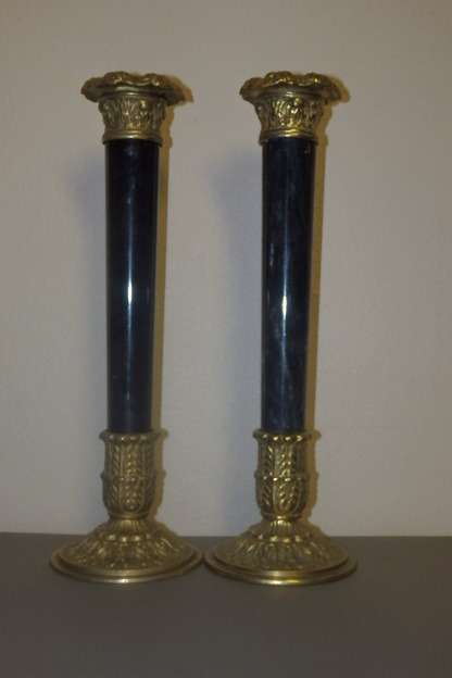 AN INCREDIBLE PAIR OF ORNATE SOLID BRASS AND BLUE-BLACK MARBLE CANDLE STICK HOLDERS