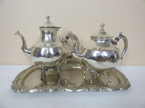 A BEAUTIFUL VINTAGE SILVER PLATED FOOTED TEAPOT AND COFFEE POT ON A GORGEOUS TRAY! FABULOUS!!!