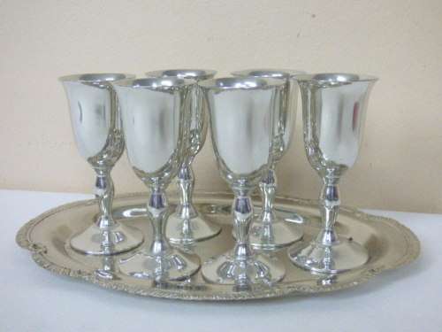 SIX GORGEOUS "METAWA" 94% REAL PEWTER SHERRY GOBLETS ON A BEAUTIFUL SILVER PLATE SERVING TRAY!!!