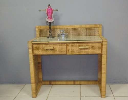 A WONDERFUL CANE AND WICKER TWO DRAWER DRESSING TABLE IN GOOD CONDITION; PERFECT FOR A SPARE BEDROOM