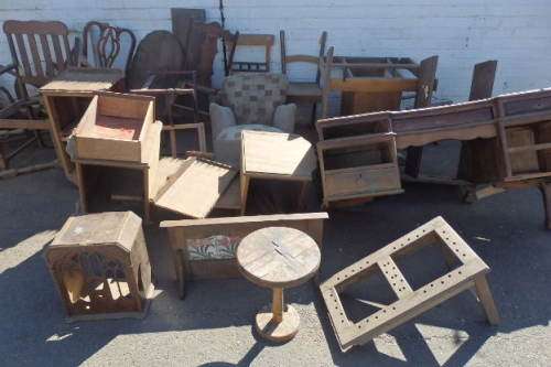 COLLECTION OF RENOVATION / SPARE PARTS FURNITURE INCL CUPBOARDS, CHAIRS, ANTIQUE RADIO CASING & MORE