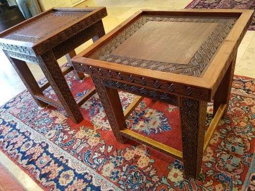 TWO EXQUISITE STYLISH CARVED BURMESE TEAK SIDE TABLES IN FANTASTIC CONDITION Bid/table