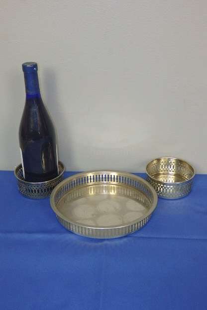 AN AWESOME SILVER PLATED WINE SERVING SET FOR YOUR TABLE OR SIDE SERVER!!! BEAUTIFUL!!!