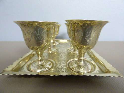 SIX GORGEOUS SOLID BRASS SHERRY GOBLETS ON A BEAUTIFUL BRASS SERVING TRAY!!! FABULOUS!!!