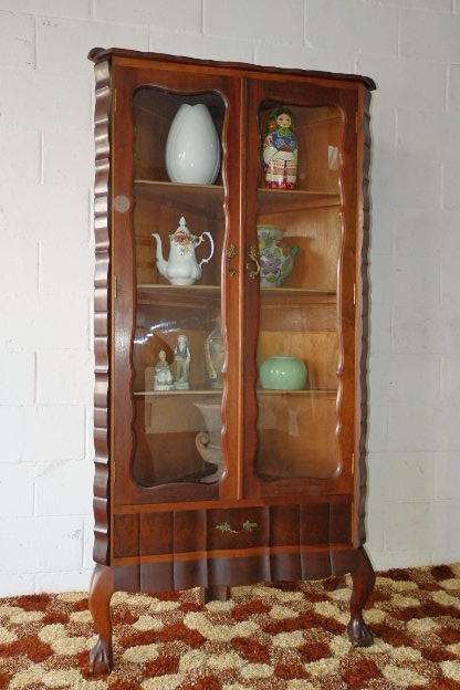 AN EXQUISITE SOLID IMBUIA BALL AND CLAW CORNER WALL SHOW CABINET WITH AN AWESOME HINGED DRAWER